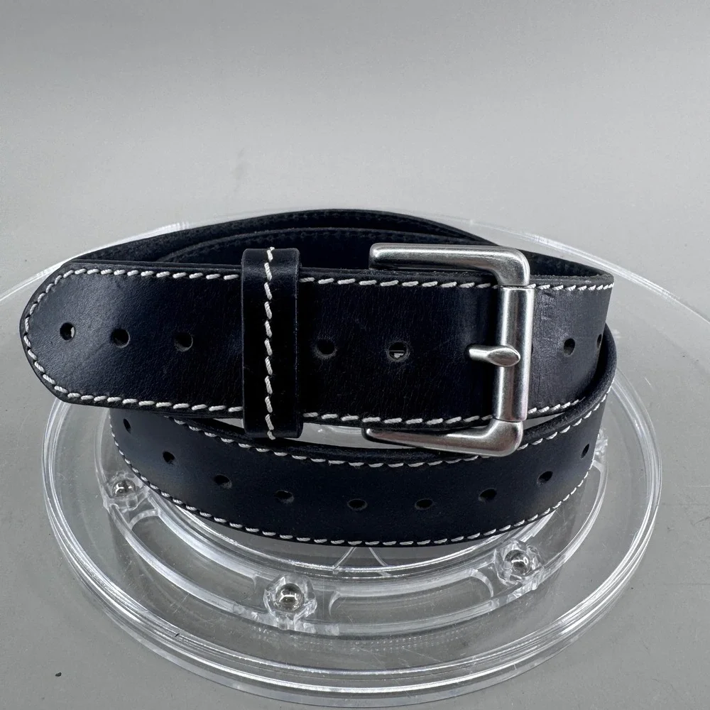 Genuine Italian Leather Belt Black Contrast Stitch Silver Buckle S/M USA Made